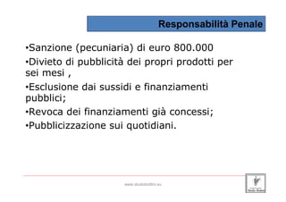 Responsabilità Penale

 •Sanzione (pecuniaria) di euro 800.000
 •Divieto di pubblicità dei propri prodotti per
 sei mesi ,
 •Esclusione dai sussidi e finanziamenti
 pubblici;
 •Revoca dei finanziamenti già concessi;
 •Pubblicizzazione sui quotidiani.



_____________________________________________________________________________________________________________________

                                                 www.studiobottini.eu
 