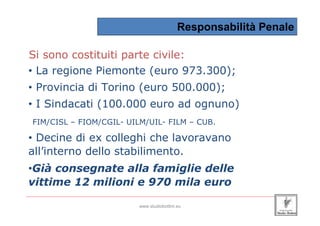 Responsabilità Penale

 Si sono costituiti parte civile:
 • La regione Piemonte (euro 973.300);
 • Provincia di Torino (euro 500.000);
 • I Sindacati (100.000 euro ad ognuno)
  FIM/CISL – FIOM/CGIL- UILM/UIL- FILM – CUB.

 • Decine di ex colleghi che lavoravano
 all’interno dello stabilimento.
 •Già consegnate alla famiglie delle
 vittime 12 milioni e 970 mila euro
_____________________________________________________________________________________________________________________

                                                 www.studiobottini.eu
 