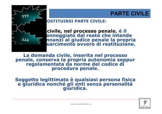 PARTE CIVILE
                          COSTITUIRSI PARTE CIVILE:

     La parte civile, nel processo penale, è il
   soggetto danneggiato dal reato che intende
 far valere dinnanzi al giudice penale la propria
 pretesa di risarcimento ovvero di restituzione.

    La domanda civile, inserita nel processo
  penale, conserva la propria autonomia seppur
     regolamentata da norme del codice di
               procedura penale.

 Soggetto legittimato è qualsiasi persona fisica
  e giuridica nonché gli enti senza personalità
                   giuridica.

_____________________________________________________________________________________________________________________

                                                 www.studiobottini.eu
 
