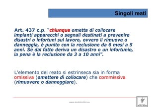Singoli reati


 Art. 437 c.p. “chiunque ometta di collocare
 impianti apparecchi o segnali destinati a prevenire
 disastri o infortuni sul lavoro, ovvero li rimuove o
 danneggia, è punito con la reclusione da 6 mesi a 5
 anni. Se dal fatto deriva un disastro o un infortunio,
 la pena è la reclusione da 3 a 10 anni”.


 L’elemento del reato si estrinseca sia in forma
 omissiva (omettere di collocare) che commissiva
 (rimuovere o danneggiare).


_____________________________________________________________________________________________________________________

                                                 www.studiobottini.eu
 
