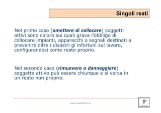 Singoli reati


 Nel primo caso (omettere di collocare) soggetti
 attivi sono coloro sui quali grava l’obbligo di
 collocare impianti, apparecchi o segnali destinati a
 prevenire oltre i disastri gi infortuni sul lavoro,
 configurandosi come reato proprio.


 Nel secondo caso (rimuovere o danneggiare)
 soggetto attivo può essere chiunque e si versa in
 un reato non proprio.



_____________________________________________________________________________________________________________________

                                                 www.studiobottini.eu
 