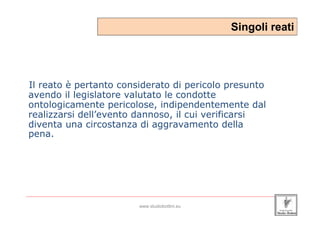 Singoli reati




 Il reato è pertanto considerato di pericolo presunto
 avendo il legislatore valutato le condotte
 ontologicamente pericolose, indipendentemente dal
 realizzarsi dell’evento dannoso, il cui verificarsi
 diventa una circostanza di aggravamento della
 pena.




_____________________________________________________________________________________________________________________

                                                 www.studiobottini.eu
 