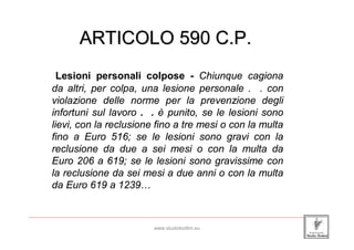 ARTICOLO 590 C.P.
           Lesioni personali colpose - Chiunque cagiona
         da altri, per colpa, una lesione personale . . con
         violazione delle norme per la prevenzione degli
         infortuni sul lavoro . . è punito, se le lesioni sono
         lievi, con la reclusione fino a tre mesi o con la multa
         fino a Euro 516; se le lesioni sono gravi con la
         reclusione da due a sei mesi o con la multa da
         Euro 206 a 619; se le lesioni sono gravissime con
         la reclusione da sei mesi a due anni o con la multa
         da Euro 619 a 1239…

_____________________________________________________________________________________________________________________

                                                 www.studiobottini.eu
 