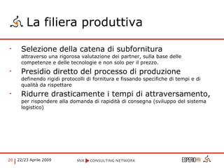 La filiera produttiva Selezione della catena di subfornitura  attraverso una rigorosa valutazione dei partner, sulla base delle competenze e delle tecnologie e non solo per il prezzo. Presidio diretto del processo di produzione  definendo rigidi protocolli di fornitura e fissando specifiche di tempi e di qualità da rispettare Ridurre drasticamente i tempi di attraversamento,  per rispondere alla domanda di rapidità di consegna (sviluppo del sistema logistico) 