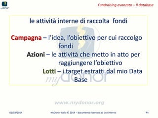 Fundraising avanzato – Il database

le attività interne di raccolta fondi
Campagna – l’idea, l’obiettivo per cui raccolgo
fondi
Azioni – le attività che metto in atto per
raggiungere l’obiettivo
Lotti – i target estratti dal mio Data
Base

01/03/2014

myDonor Italia © 2014 – documento riservato ad uso interno

44

 