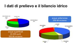 I dati di prelievo e il bilancio idrico
acque sotterranee
256 Ml mc/annoIDROPOTABILE
49%
acque superficiali
22.000 punti
355 Ml mc/anno
 