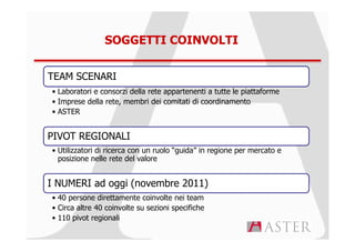SOGGETTI COINVOLTI


TEAM SCENARI
• Laboratori e consorzi della rete appartenenti a tutte le piattaforme
• Imprese della rete, membri dei comitati di coordinamento
• ASTER


PIVOT REGIONALI
• Utilizzatori di ricerca con un ruolo “guida” in regione per mercato e
  posizione nelle rete del valore


I NUMERI ad oggi (novembre 2011)
• 40 persone direttamente coinvolte nei team
• Circa altre 40 coinvolte su sezioni specifiche
• 110 pivot regionali
                                      13
 