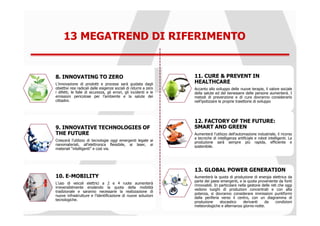 13 MEGATREND DI RIFERIMENTO


8. INNOVATING TO ZERO                                              11. CURE & PREVENT IN
L’innovazione di prodotti e processi sarà guidata dagli            HEALTHCARE
obiettivi resi radicali dalle esigenze sociali di ridurre a zero   Accanto allo sviluppo delle nuove terapie, il valore sociale
i difetti, le falle di sicurezza, gli errori, gli incidenti e le   della salute ed del benessere delle persone aumenterà. I
emissioni pericolose per l’ambiente e la salute dei                metodi di prevenzione e di cura dovranno considerarlo
cittadini.                                                         nell’ipotizzare le proprie traiettorie di sviluppo




                                                                   12. FACTORY OF THE FUTURE:
9. INNOVATIVE TECHNOLOGIES OF                                      SMART AND GREEN
THE FUTURE                                                         Aumenterà l’utilizzo dell’automazione industriale, il ricorso
                                                                   a tecniche di intelligenza artificiale e robot intelligenti. La
Crescerà l’utilizzo di tecnologie oggi emergenti legate ai         produzione sarà sempre più rapida, efficiente e
nanomateriali, all’elettronica flessibile, ai laser, ai            sostenibile.
materiali “intelligenti” e così via.




                                                                   13. GLOBAL POWER GENERATION
10. E-MOBILITY                                                     Aumenterà la quota di produzione di energia elettrica da
                                                                   parte dei paesi emergenti, e la quota proveniente da fonti
L’uso di veicoli elettrici a 2 e 4 ruote aumenterà
                                                                   rinnovabili. In particolare nella gestone delle reti che oggi
irreversibilmente erodendo la quota della mobilità
                                                                   vedono luoghi di produzioni concentrati e con alta
tradizionale e saranno necessarie la realizzazione di
                                                                   potenza, si dovranno considerare immissioni puntiformi
nuove infrastrutture e l’identificazione di nuove soluzioni
                                                                   dalla periferia verso il centro, con un diagramma di
tecnologiche.
                                                                   produzione      stocastico     derivanti   da      condizioni
                                                                   meteorologiche e alternanza giorno-notte.
 