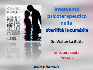 Intervento
psicoterapeutico
nella
sterilità incurabilesterilità incurabile
Dr. Walter La GattaDr. Walter La Gatta
psicoterapeuta
Ancona
1
 