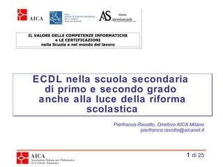 ECDL nella scuola secondaria  di primo e secondo grado  anche alla luce della riforma scolastica Pierfranco Ravotto, Direttivo AICA Milano [email_address]   di 25 