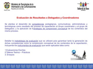 Evaluación de Resultados a Delegados y Coordinadores
Se plantea el desarrollo de competencias pedagógicas, comunicativas, administrativas y
tecnológicas como resultado del proceso de capacitación al Grupo coordinador y al grupo de
Delegados; y la aplicación de Estrategias de comprensión conceptual de los contenidos del
mismo proceso.
Detallar la metodología de evaluación que se utilizará para garantizar tanto la generación de
dichas competencias como la comprensión conceptual de los contenidos de la capacitación,
incluyendo los instrumentos de evaluación que serán aplicados tales como:
1.Evaluaciones Escritas
2.Talleres Teórico – Prácticos
3. Ensayos
 
