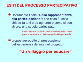 ESITI DEL PROCESSO PARTECIPATIVO Documento finale  “Dalla rappresentanza alla partecipazione” : che cosa è, cosa chiede (a tutti e ad ognuno) e come si può vivere, una scuola partecipata La richiesta di molti di continuare l’esperienza nel proprio contesto scolastico-territoriale genera la proposta/progetto di prosecuzione dell’esperienza definita nel progetto: “ Un villaggio per educare” 