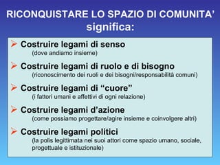 RICONQUISTARE LO SPAZIO DI COMUNITA’ significa: Costruire legami di senso (dove andiamo insieme) Costruire legami di ruolo e di bisogno (riconoscimento dei ruoli e dei bisogni/responsabilità comuni) Costruire legami di “cuore”   (i fattori umani e affettivi di ogni relazione) Costruire legami d’azione (come possiamo progettare/agire insieme e coinvolgere altri) Costruire legami politici (la polis legittimata nei suoi attori come spazio umano, sociale,  progettuale e istituzionale) 
