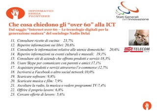 Che cosa chiedono gli “over 60” alla ICT
Dal saggio “Internet over 60 – Le tecnologie digitali per la
generazione matura” del sociologo Nadio Delai

 11.   Consultare ricette di cucina: 23,7%
 12.   Reperire informazioni sui libri: 20,6%
 13.   Consultare le informazioni relative alle utenze domestiche: 20,6%
 14.   Reperire informazioni su eventi culturali e museali: 19,1%
 15.   Consultare siti di aziende che offrono prodotti e servizi:18,3%
 16.   Usare Skype per comunicare con parenti e amici:17,1%
 17.   Acquistare prodotti e servizi attraverso l’e-commerce:12,7%
 18.   Iscriversi a Facebook o altro social network:10,0%
 19.   Scaricare software: 9,8%
 20.   Scaricare musica e film: 7,9%
 21.   Ascoltare la radio, la musica o vedere programmi TV:7,4%
 22.   Offrire il proprio lavoro: 6,8%
 23.   Cercare offerte di lavoro: 5,6%
 