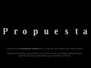 P r o p u e s t a Implementar  un pequeño sistema  que  acoja las actividades del adulto mayor. Espacios exteriores que permitan una dinámica de actividades además de la extensión de las ya existentes que se realizan al interior. 