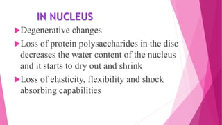 IN NUCLEUS
Degenerative changes
Loss of protein polysaccharides in the disc
decreases the water content of the nucleus
and it starts to dry out and shrink
Loss of elasticity, flexibility and shock
absorbing capabilities
 