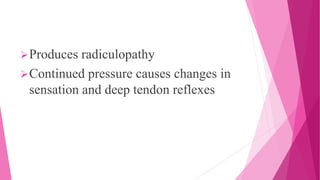 Produces radiculopathy
Continued pressure causes changes in
sensation and deep tendon reflexes
 