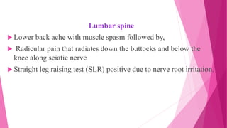 Lumbar spine
 Lower back ache with muscle spasm followed by,
 Radicular pain that radiates down the buttocks and below the
knee along sciatic nerve
 Straight leg raising test (SLR) positive due to nerve root irritation.
 