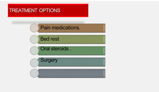 TREATMENT OPTIONS
Pain medications.
Bed rest
Oral steroids .
Surgery
 