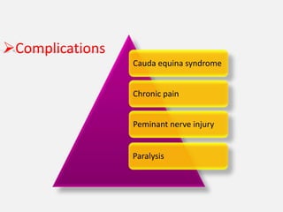 Complications
                 Cauda equina syndrome


                 Chronic pain


                 Peminant nerve injury


                 Paralysis
 