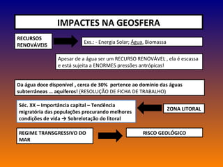 IMPACTES NA GEOSFERA RECURSOS RENOVÁVEIS Exs.: - Energia Solar;  Água , Biomassa Apesar de a água ser um RECURSO RENOVÁVEL , ela é escassa e está sujeita a ENORMES pressões antrópicas! Da água doce disponível , cerca de 30%  pertence ao domínio das águas subterrâneas … aquíferos!  (RESOLUÇÃO DE FICHA DE TRABALHO) ZONA LITORAL Séc. XX – Importância capital – Tendência migratória das populações procurando melhores condições de vida -> Sobrelotação do litoral REGIME TRANSGRESSIVO DO MAR RISCO GEOLÓGICO 
