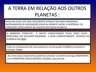 A TERRA EM RELAÇÃO AOS OUTROS PLANETAS : NENHUM LOCAL ATÉ HOJE DESCOBERTO ATRAVÉS DOS MAIS MODERNOS INSTRUMENTOS DE EXPLORAÇÃO ESPACIAL PERMITE SUPOR  A EXISTÊNCIA  DE CONDIÇÕES SEMELHANTES ÀS VIGENTES NO NOSSO PLANETA! O AMBIENTE TERRESTRE  É MUITO CONDICIONADO PELOS SERES VIVOS , MANTENDO UM DELICADO EQUILÍBRIO  E SERIA COMPLETAMENTE  DISTINTO NA AUSÊNCIA DA  VIDA! Todos os componentes do nosso planeta e as interacções GLOBAIS constituem o SISTEMA TERRA! - De entre esses componentes podemos constatar a existência de água ABUNDANTE,  uma ATMOSFERA POUCO ESPESSA E GASOSA, que permite : 