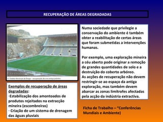 RECUPERAÇÃO DE ÁREAS DEGRADADAS Numa sociedade que privilegie a conservação do ambiente é também obter a reabilitação de certas áreas que foram submetidas a intervenções humanas. Por exemplo, uma exploração mineira a céu aberto pode originar a remoção de grandes quantidades de solo e a destruição do coberto arbóreo. As acções de recuperação não devem restringir-se ao espaço da antiga exploração, mas também devem abarcar as zonas limítrofes afectadas pela acção da indústria extractiva. Exemplos de recuperação de áreas degradadas : Estabilização dos amontoados de produtos rejeitados na extracção mineira (escombreiras) Criação de um sistema de drenagem das águas pluviais Ficha de Trabalho – “Conferências Mundiais e Ambiente) 