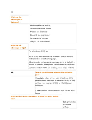 Sql
What are the
advantages of
Database?
 Redundancy can be reduced
 Inconsistence can be avoided
 The data can be shared
 Standards can be enforced
 Security can be enforced
 Integrity can be maintained
What are the
advantage of SQL?
The advantages of SQL are
 SQL is a high level language that provides a greater degree of
abstraction than procedural languages.
 SQL enables the end users and system personnel to deal with a
number of Database management systems where it is available.
 Application written in SQL can be easily ported across systems.
32. What is the difference between join and outer
join?
Outer joins return all rows from at least one of the
tables or views mentioned in the FROM clause, as long
as those rows meet any WHERE or HAVING search
conditions.
A join combines columns and data from two are more
tables.
What is the difference between a primary key and a unique
key?
Both primary key
and unique
enforce
 