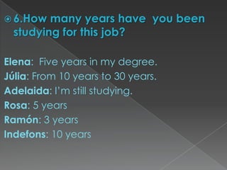  6.How  many years have you been
  studying for this job?

Elena: Five years in my degree.
Júlia: From 10 years to 30 years.
Adelaida: I’m still studying.
Rosa: 5 years
Ramón: 3 years
Indefons: 10 years
 