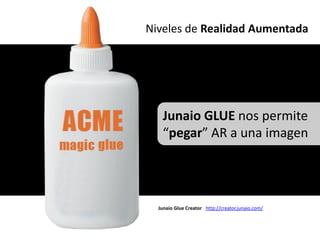 Niveles de Realidad Aumentada




    Junaio GLUE nos permite
    “pegar” AR a una imagen




  Junaio Glue Creator http://creator.junaio.com/
 