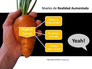 Niveles de Realidad Aumentada


               Where to
             find carrots?

Organic
Carrot        Properties
              of carrots

                                                       Yeah!
                Carrots
             video recipes


             Huge mutant carrot 001 por inspector_81
 