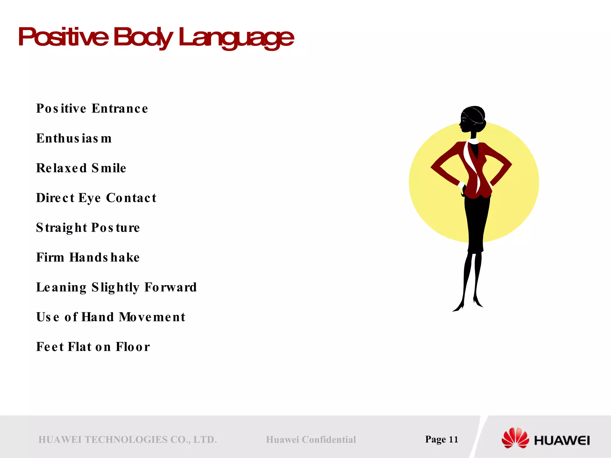 Positive Body Language Positive Entrance Enthusiasm Relaxed Smile  Direct Eye Contact Straight Posture Firm Handshake Leaning Slightly Forward Use of Hand Movement Feet Flat on Floor 