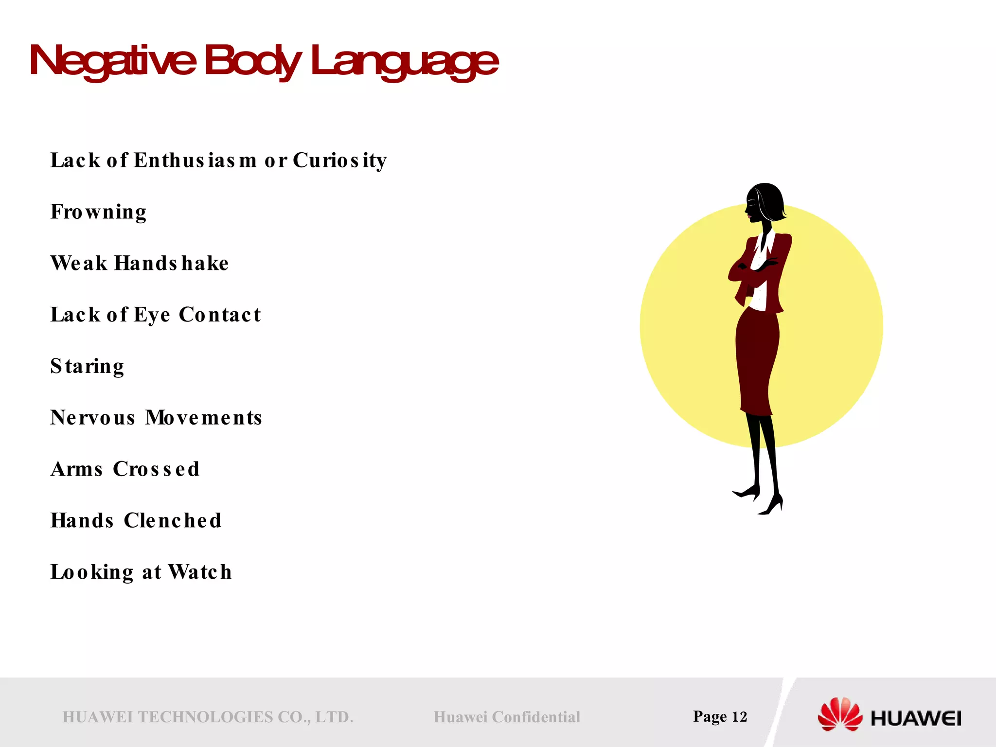 Negative Body Language Lack of Enthusiasm or Curiosity Frowning  Weak Handshake Lack of Eye Contact  Staring Nervous Movements Arms Crossed Hands Clenched Looking at Watch 