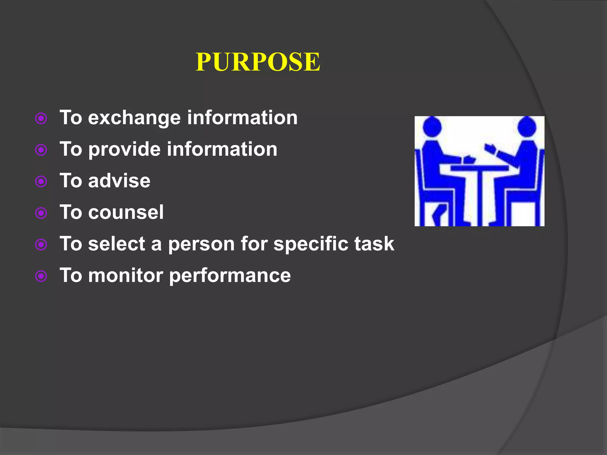 PURPOSE
   To exchange information
   To provide information
   To advise
   To counsel
   To select a person for specific task
   To monitor performance
 