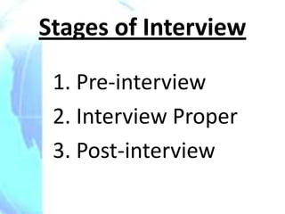 Stages of Interview

 1. Pre-interview
 2. Interview Proper
 3. Post-interview
 