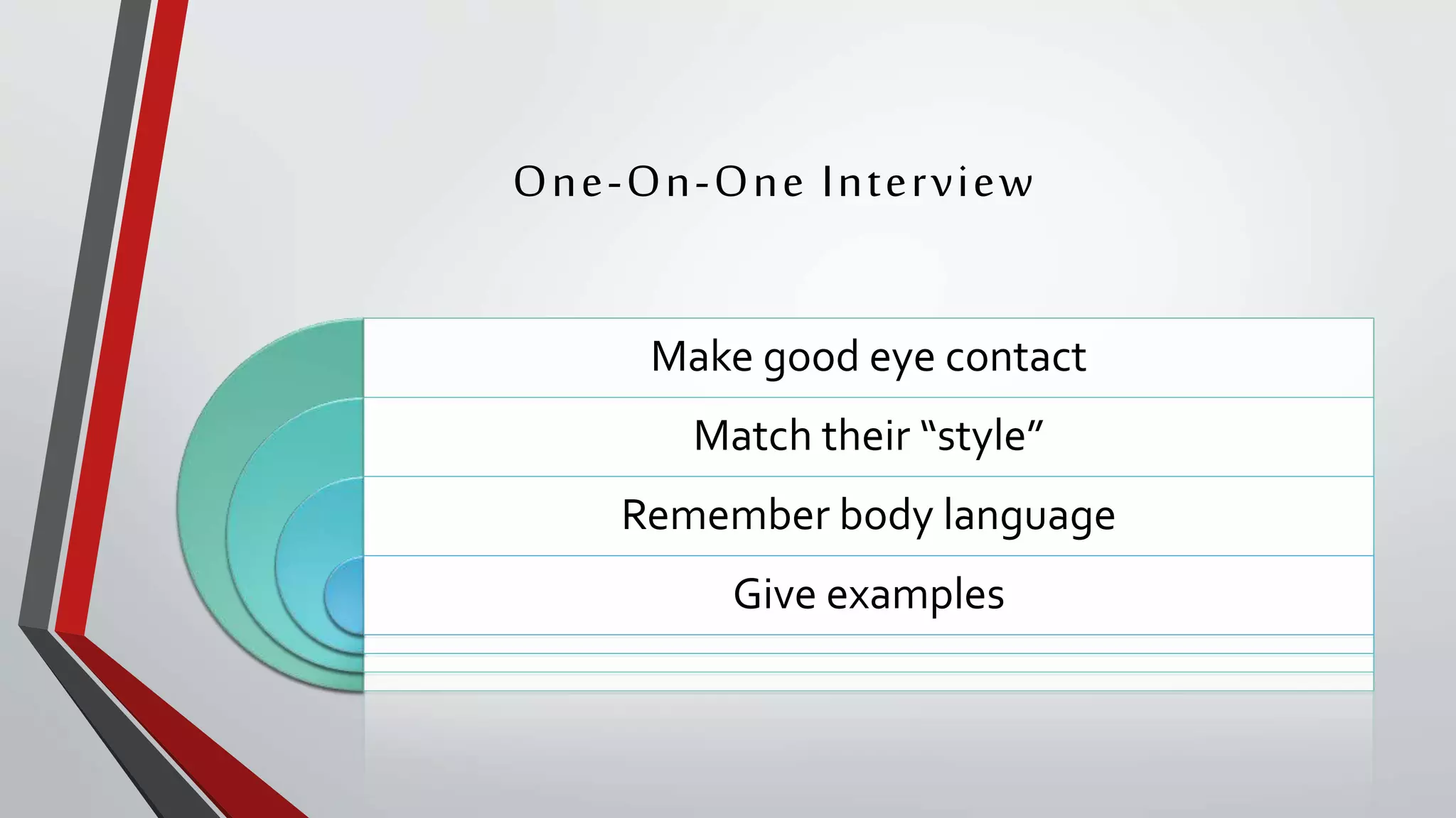 One-On-One Interview
Make good eye contact
Match their “style”
Remember body language
Give examples
 
