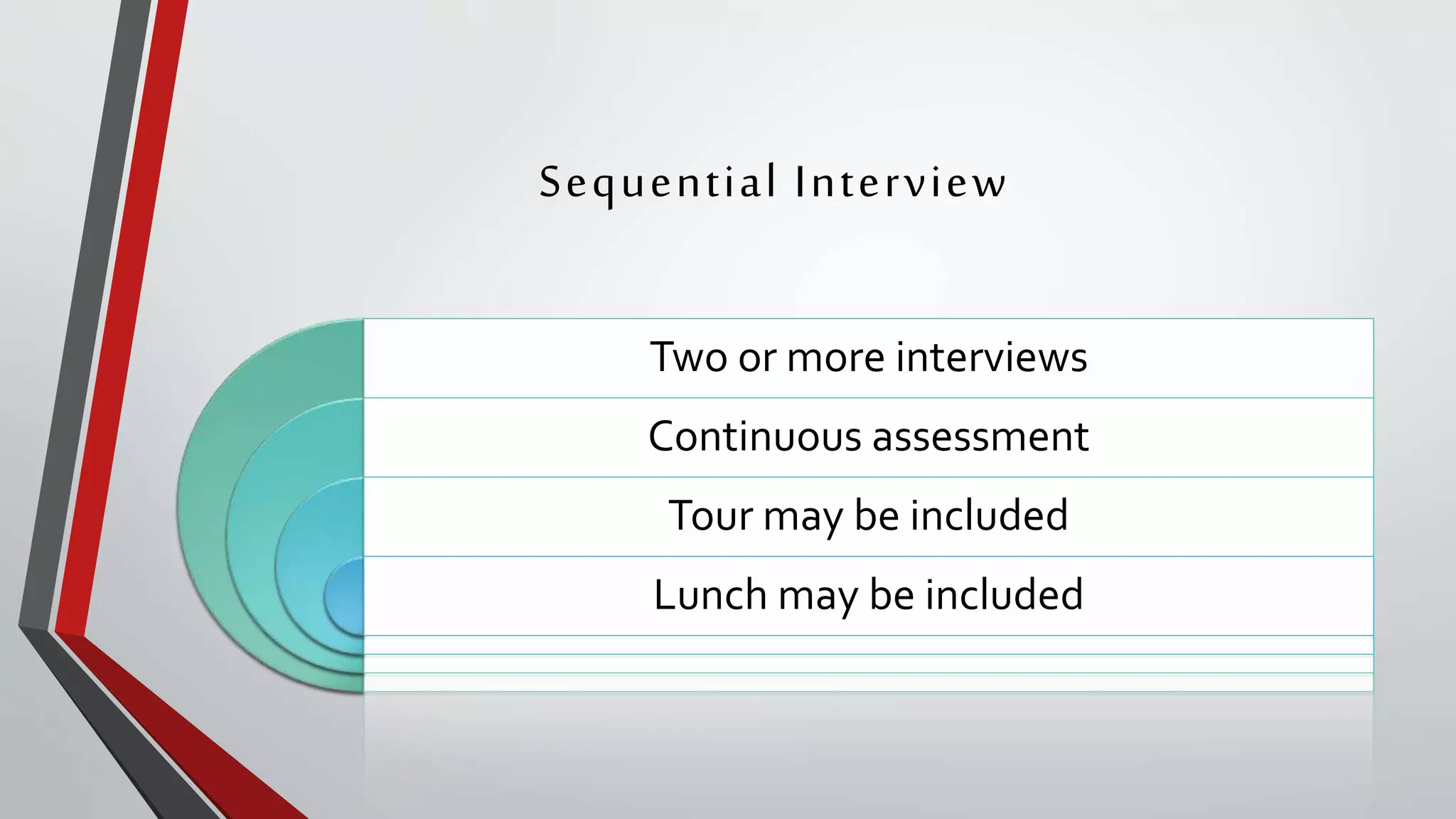 Sequential Interview
Two or more interviews
Continuous assessment
Tour may be included
Lunch may be included
 
