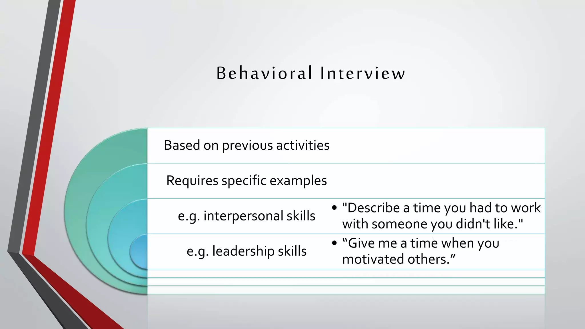 Behavioral Interview
Based on previous activities
Requires specific examples
e.g. interpersonal skills
e.g. leadership skills
• "Describe a time you had to work
with someone you didn't like."
• “Give me a time when you
motivated others.”
 