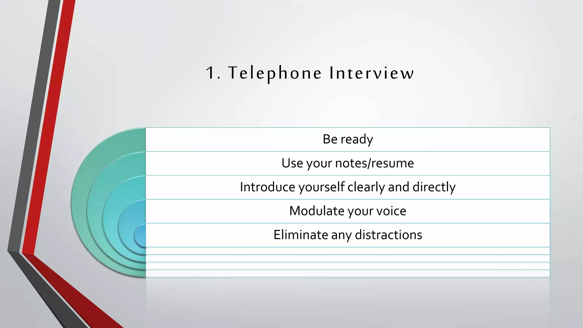 1. Telephone Interview
Be ready
Use your notes/resume
Introduce yourself clearly and directly
Modulate your voice
Eliminate any distractions
 