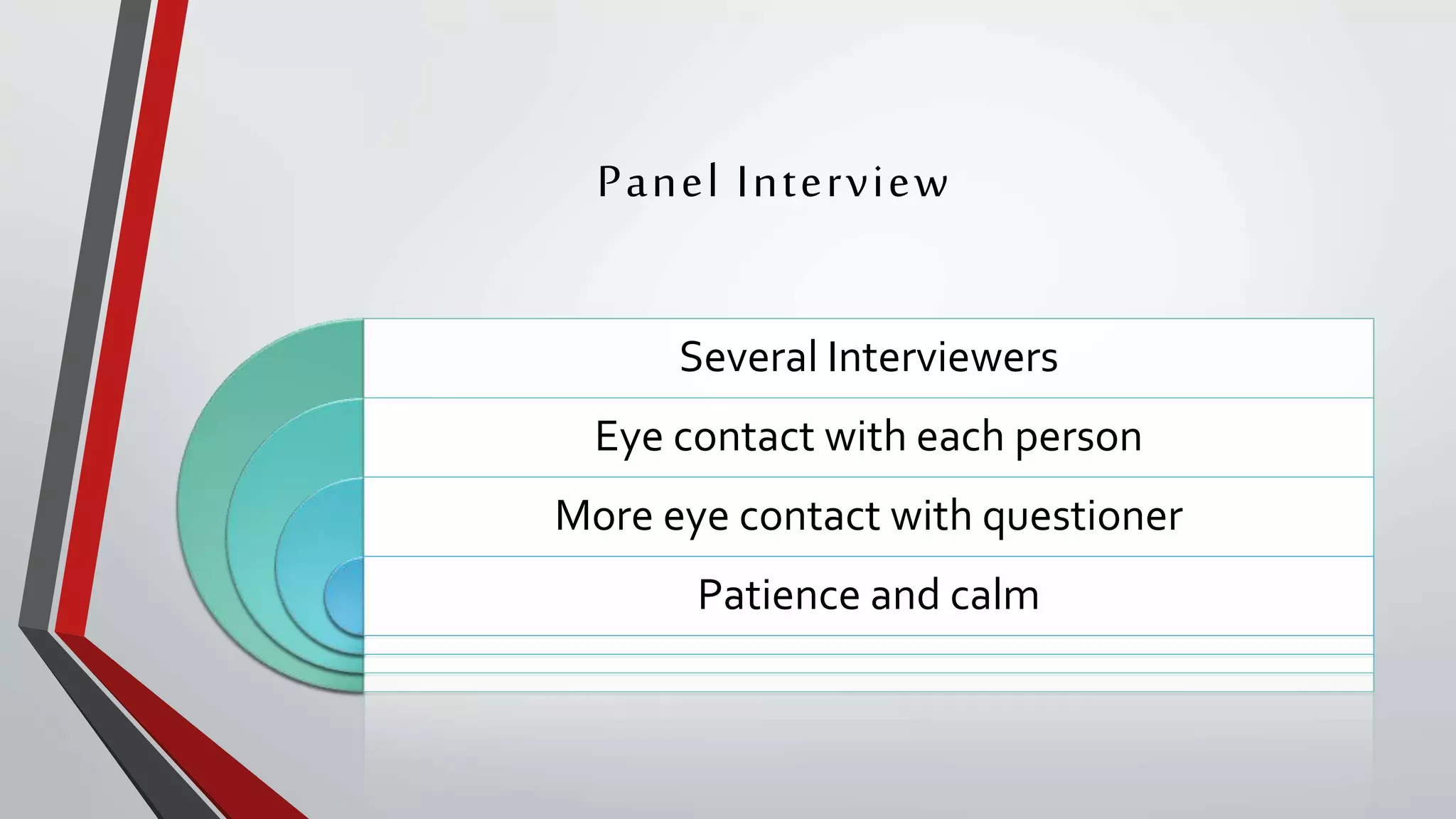Panel Interview
Several Interviewers
Eye contact with each person
More eye contact with questioner
Patience and calm
 
