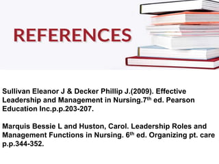 Sullivan Eleanor J & Decker Phillip J.(2009). Effective
Leadership and Management in Nursing.7th ed. Pearson
Education Inc.p.p.203-207.
Marquis Bessie L and Huston, Carol. Leadership Roles and
Management Functions in Nursing. 6th ed. Organizing pt. care
p.p.344-352.
 