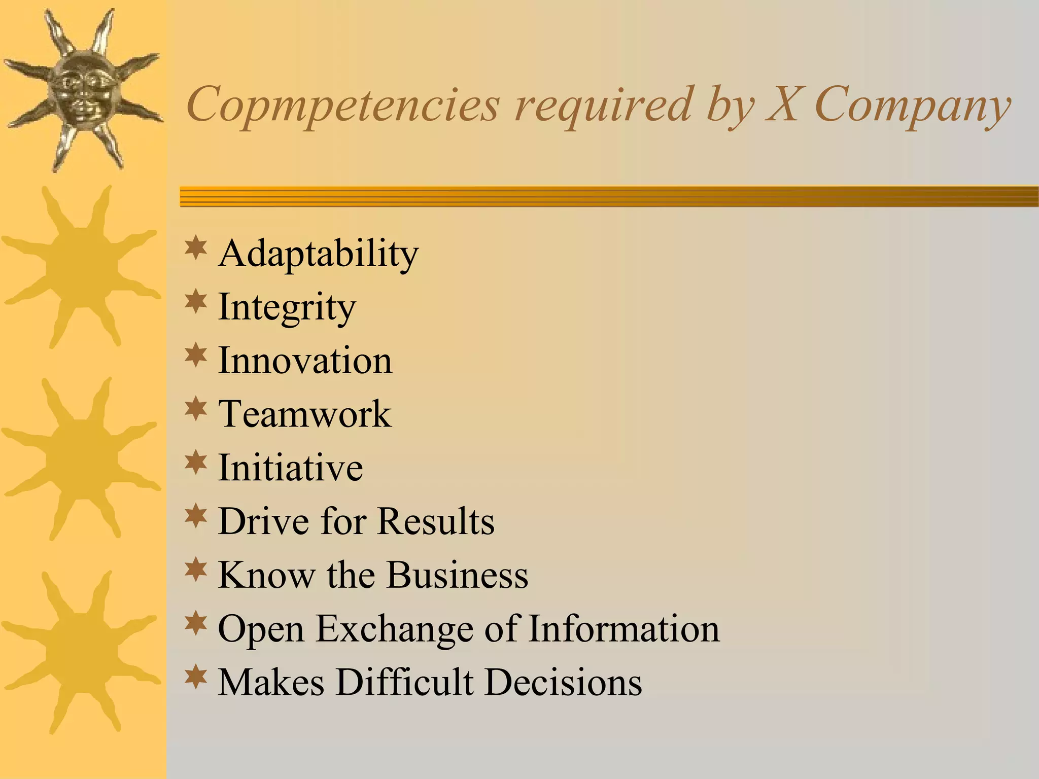 Copmpetencies required by X Company
 Adaptability
 Integrity
 Innovation
 Teamwork
 Initiative
 Drive for Results
 Know the Business
 Open Exchange of Information
 Makes Difficult Decisions

 