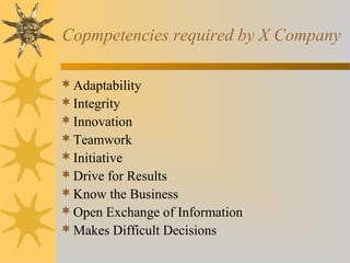Copmpetencies required by X Company
 Adaptability
 Integrity
 Innovation
 Teamwork
 Initiative
 Drive for Results
 Know the Business
 Open Exchange of Information
 Makes Difficult Decisions

 