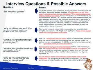 Interview Questions & Possible Answers
Questions                               Answer
                                        Usually first question, Good ice-breaker. Do not give useless information such as I
“Tell me about yourself”                am married, my hobbies are yada yada yada. A great strategy is to ask: "What
                                        area of my background are you most interested in?" Their response allows you to
                                        tell them what they want to hear. Spend 2 minutes focus on work-related skills and
                                        accomplishments. Mention 1 or 2 personal character traits and tell interviewer how
                                        traits helped you accomplish a task. Don’t use old clichés “I am a team player” or
                                        “I have excellent communication skills” unless you can prove it. For example: “I
                                        would describe myself as a self-starter. At ABC Co., there was a problem with
                                        routing delivery vehicles so I created a new system (give details but brief) that
                                        reduced delivery time by 10 percent.”
“Why should we hire you? Why            Take several minutes to answer this one incorporating your personality traits,
do you want this position”              strengths, and experience in to the job you're applying for. Focus on how you can
                                        benefit the company problems and concerns.



                                        State 1 or 2 strengths that are work-related and tell the interviewer the story about
“What is your greatest strength         when that strength helped you accomplish the task. For example: “I have the
(or strengths)?”                        ability to train and motivate people. At ABC Co., employee turnover was very high,
                                        so I ….(give details on how you solved the problem)”

                                        Don’t answer by saying you have no weaknesses! Confess a real weakness you
“What is your greatest weakness         have, but choose one that isn’t particularly relevant to the job you’re seeking. Do
                                        not answer with phony weaknesses such as “I’m a slave to my job”. You might
(or weaknesses)?”                       offer the title of a book you have read that helped you improve your shyness,
                                        impatience, etc.

                                        You can state you want a more challenging position, higher salary, or more
“Why do you want to/did you             responsibility. Do not mention personal conflicts or bad-mouth. This will harm
leave your employer?”                   your chances of being offered the job. Show drive, ambition and motivation.




Job Interview Presentation   Ron Drew    – 26 –
 