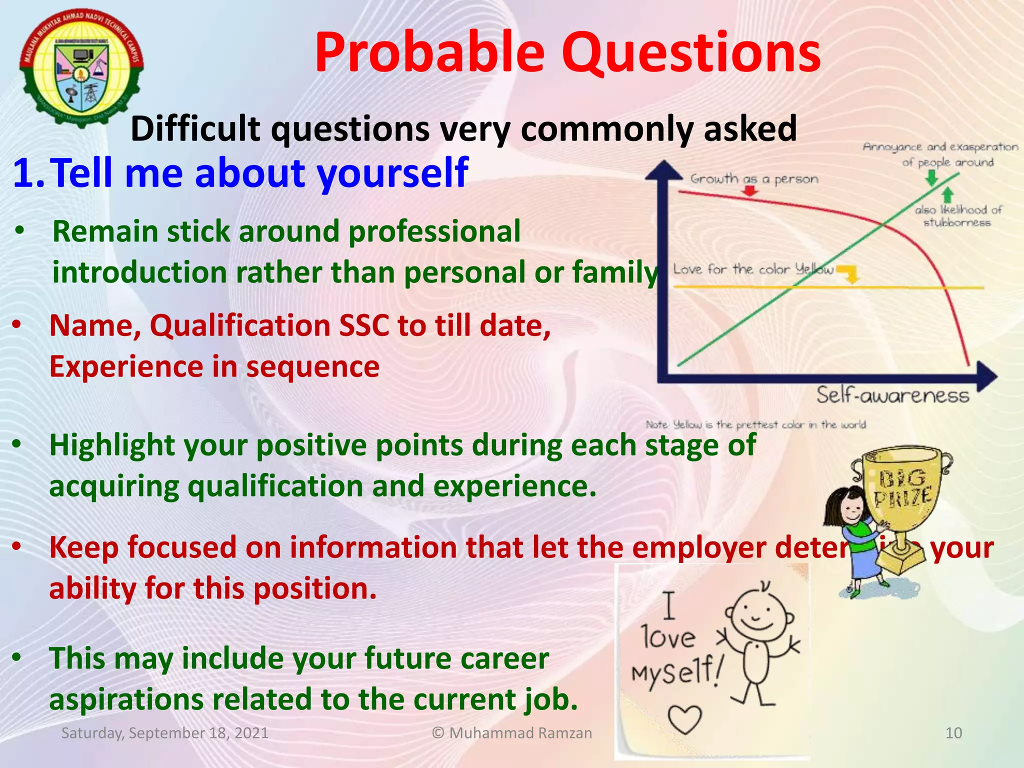 Probable Questions
Saturday, September 18, 2021 © Muhammad Ramzan 10
Difficult questions very commonly asked
1.Tell me about yourself
• This may include your future career
aspirations related to the current job.
• Remain stick around professional
introduction rather than personal or family
• Name, Qualification SSC to till date,
Experience in sequence
• Highlight your positive points during each stage of
acquiring qualification and experience.
• Keep focused on information that let the employer determine your
ability for this position.
 