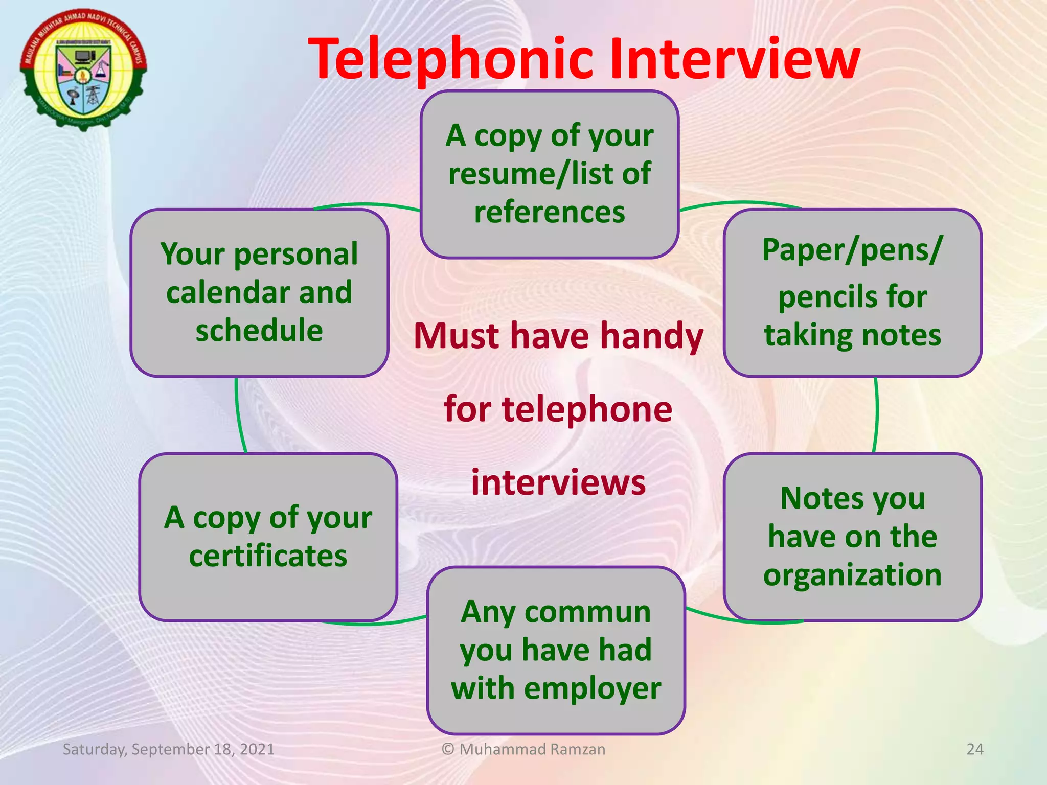 A copy of your
resume/list of
references
Paper/pens/
pencils for
taking notes
Notes you
have on the
organization
Any commun
you have had
with employer
A copy of your
certificates
Your personal
calendar and
schedule
Telephonic Interview
Saturday, September 18, 2021 © Muhammad Ramzan 24
Must have handy
for telephone
interviews
 