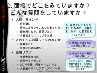 Q. 面接でどこをみていますか？
どんな質問をしていますか？
• 人柄・マインド
– 好き嫌い
– 周りにどういう人といわれていた？
– 振る舞いとか、言葉づかい
– 本音伝えてくれているか感
• どれくらい活躍してくれるのか
– 得意なこと
– 仕事におけるポリシー
• 退職リスク
– なぜ弊社なのか
– 条件のマッチング
– GX で今後、何をやりたいのか
– 入社後のキャリアアップイメージ
Q. 質問をしチェック
をしたものの、見極め
きれなかった要素はど
れですか？
Q. 質問をしチェック
をしたものの、見極め
きれなかった要素はど
れですか？
A. 仕事における能力
の見極めが難しい
A. 仕事における能力
の見極めが難しい
A. 会社や人との相性
の判断が難しい
A. 会社や人との相性
の判断が難しい
ミスマッチには、採用の
問題ではなく、社内受入
れ側の問題である場合も
あります
ミスマッチには、採用の
問題ではなく、社内受入
れ側の問題である場合も
あります
 