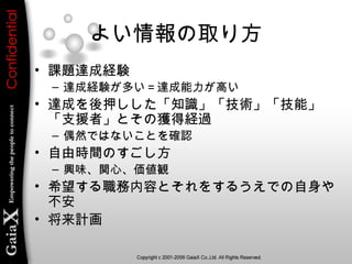 よい情報の取り方
• 課題達成経験
– 達成経験が多い＝達成能力が高い
• 達成を後押しした「知識」「技術」「技能」
「支援者」とその獲得経過
– 偶然ではないことを確認
• 自由時間のすごし方
– 興味、関心、価値観
• 希望する職務内容とそれをするうえでの自身や
不安
• 将来計画
 