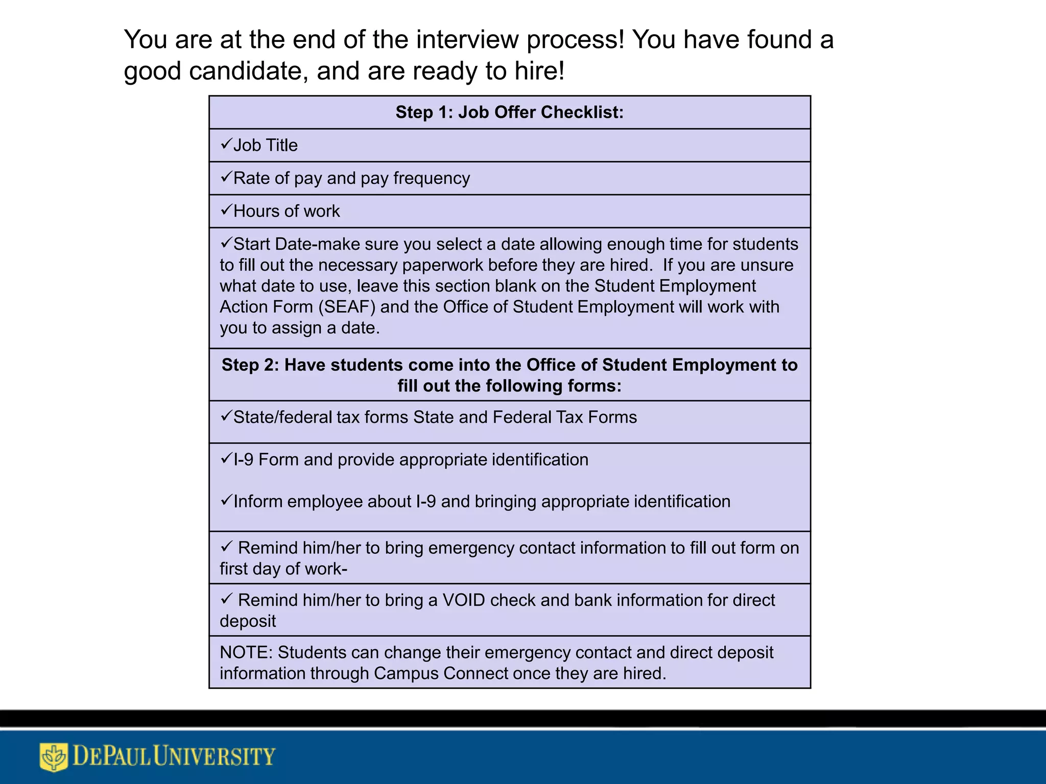 Step: 1 Before the InterviewContact candidates to set up an interview-give at least one day noticeRemind the candidate of a request to bring a resume to the interview, confirm date, time, & locationIf they will be meeting with more than one person, provide  names and titles Read all paperwork-including cover letter, resume, and application. Make notes based on the paper work and determine what job related questions to askMake sure you have a room and time set aside so that you will not be interrupted in the middle of an interview