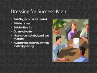 Suit-Single or double breasted Polished shoes Solid white shirt Conservative tie Neatly groomed hair, beard, and mustache Avoid strong colognes, earrings, and body piercing 